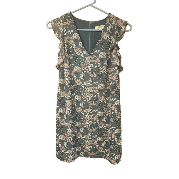 LOFT XS Petite Gray & Pink Floral Ruffle Sleeveless Dress - V-Neck Mini Sundress - Picture 1 of 9